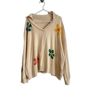 Cato Beige V-Neck Long Sleeve Sweater with Colorful Floral Knit Women’s 22/24W
